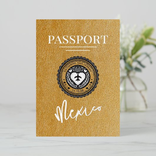 Gouden Mexico Passport bruiloft Folie Uitnodiging (Staand Voorkant)