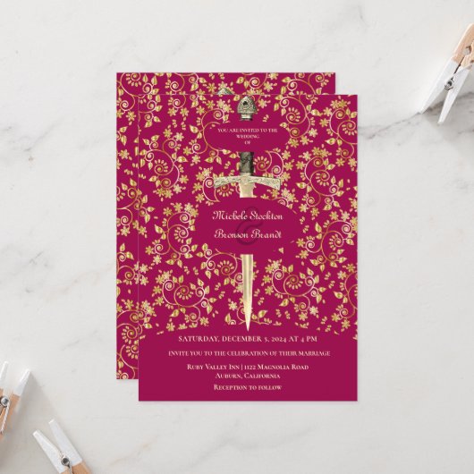 Gouden middeleeuwse bruiloft uitnodiging (Voorkant / Achterkant in situ)