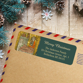 Gouden Middeleeuwse Christelijke Kerstkerststal Etiket