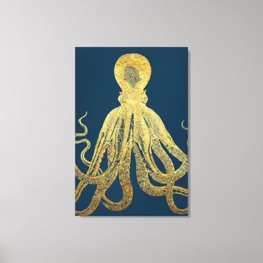 gouden Midnight Blue Octopus Waterverf Canvas Afdruk (Voorkant)