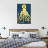 gouden Midnight Blue Octopus Waterverf Canvas Afdruk (Insitu (Slaapkamer))