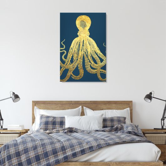  gouden Midnight Blue Octopus Waterverf Canvas Afdruk (Insitu (Slaapkamer))