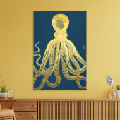 gouden Midnight Blue Octopus Waterverf Canvas Afdruk (Insitu (Woonkamer))