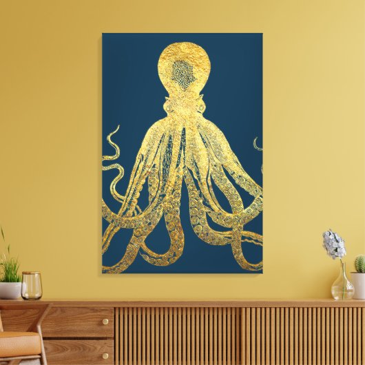  gouden Midnight Blue Octopus Waterverf Canvas Afdruk (Insitu (Woonkamer))