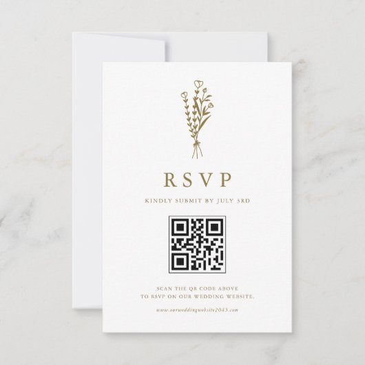 Gouden Minimailist Botanicals QR Code Bruiloft RSVP Kaartje (Voorkant)