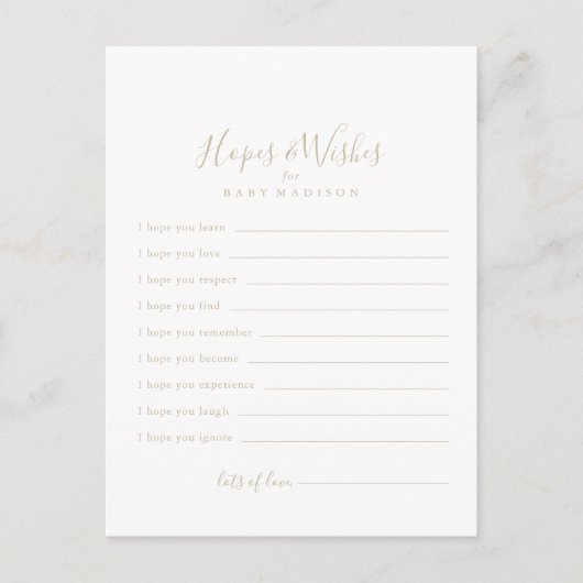 Gouden minimalistische Baby shower Hopes & Wishes  Briefkaart (Voorkant)