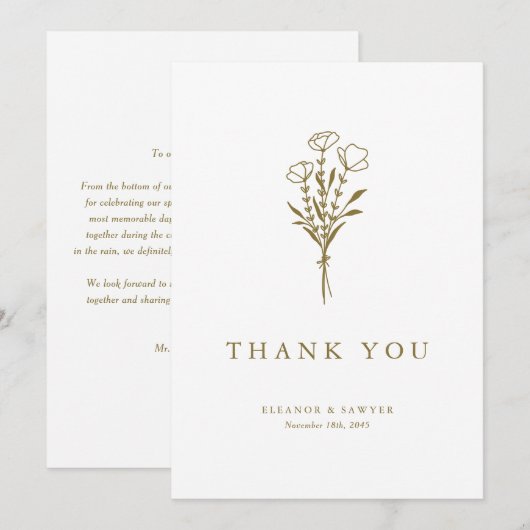 Gouden minimalistische botanicals bruiloft bedankkaart (Voorkant / Achterkant)