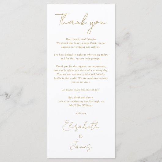 Gouden minimalistische bruiloft dank u plaats kaar menu (Voorkant)