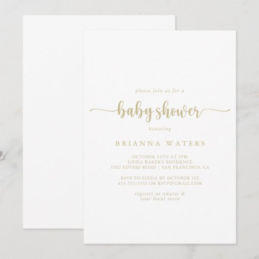 Gouden minimalistische kalligrafie Baby shower Kaart (Voorkant / Achterkant)