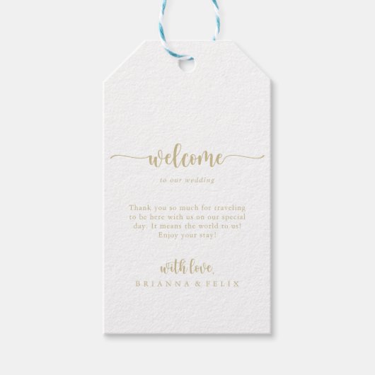 Gouden minimalistische kalligrafie bruiloft welkom cadeaulabel (Voorkant)
