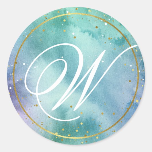 Gouden Mint Groene Waterverf Elegant Script Monogr Ronde Sticker (Voorkant)