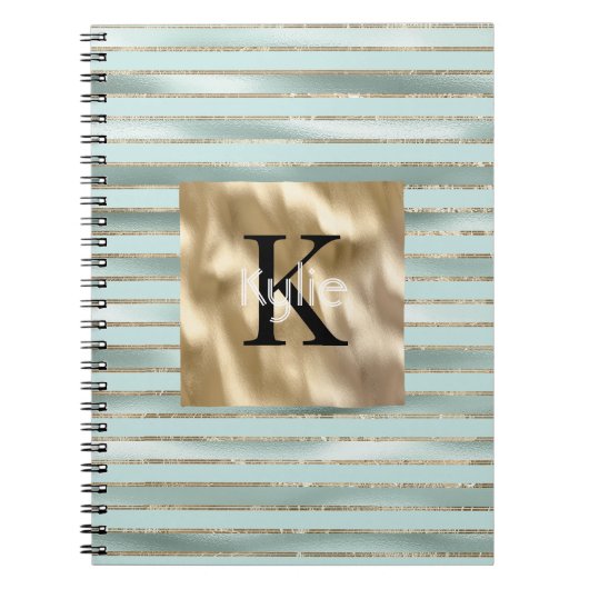 Gouden Mintgroene Strepen Monogram Naam Notitieboek (Voorkant)