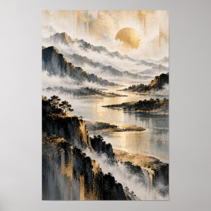 Gouden Mist Bergmeer Abstracte Wandkunst Poster