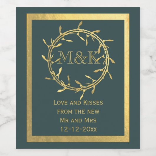 Gouden Mistletoe krans Monogram Groene Wijn Label Wijn Etiket (Enkel label)
