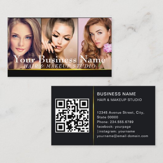 Gouden Mode Make-up Artiest Foto Showcase QR-code Visitekaartje (Voorkant / Achterkant)