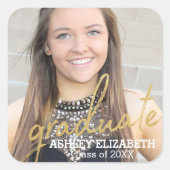 Gouden moderne afstudeer script foto afstuderen vierkante sticker (Voorkant)