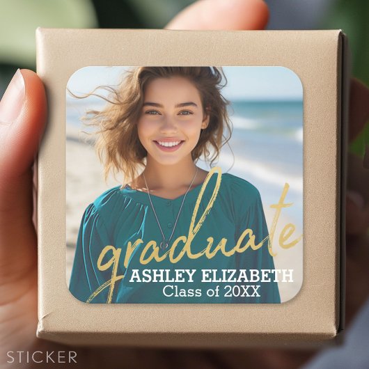 Gouden moderne afstudeer script foto afstuderen vierkante sticker