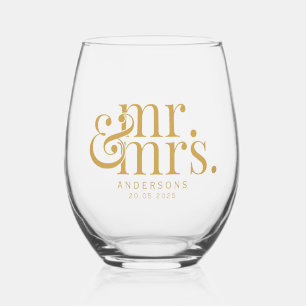 Gouden moderne kalligrafie Mr. en Mrs. Wedding Wijnglas Zonder Voet