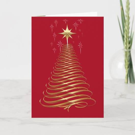 Gouden moderne kerstboom op rood kaart (Voorkant)
