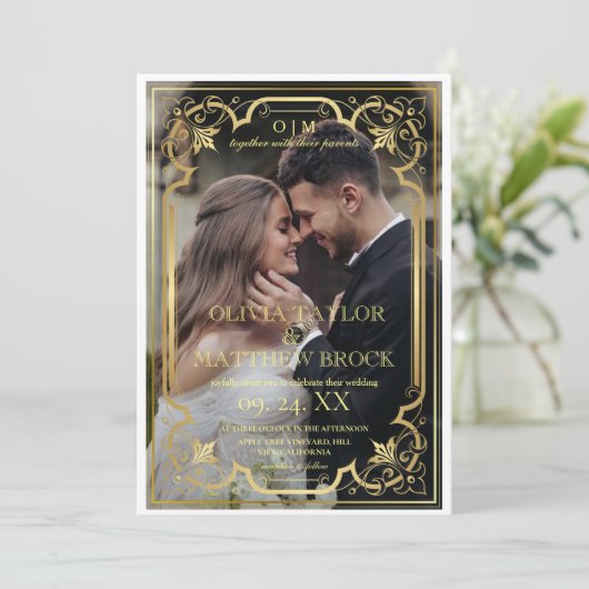 Gouden Moderne Klassieke Fotobruiloft Kaart (Staand voorkant)