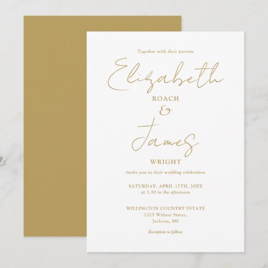 Gouden moderne minimalistische elegante script bru kaart (Voorkant / Achterkant)