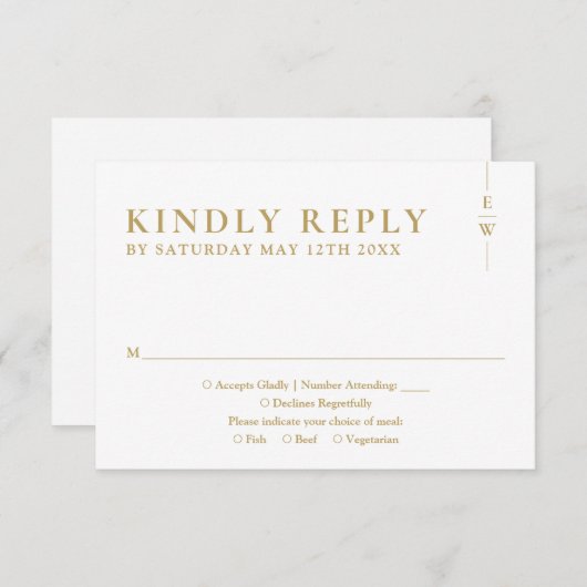 Gouden moderne minimalistische monogram bruiloft RSVP kaartje (Voorkant / Achterkant)