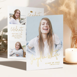 Gouden moderne script 4 foto afstudeeraankondiging folie uitnodiging