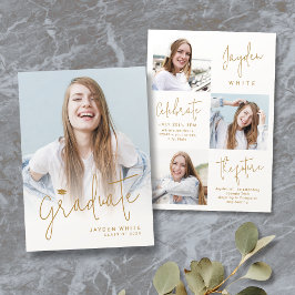 Gouden moderne script 4 foto afstudeeraankondiging kaart
