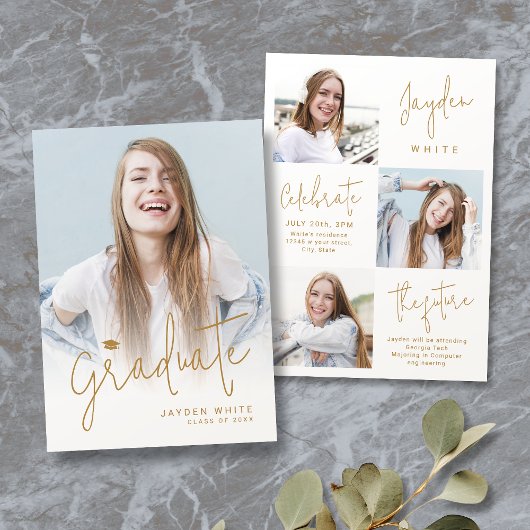 Gouden moderne script 4 foto afstudeeraankondiging kaart