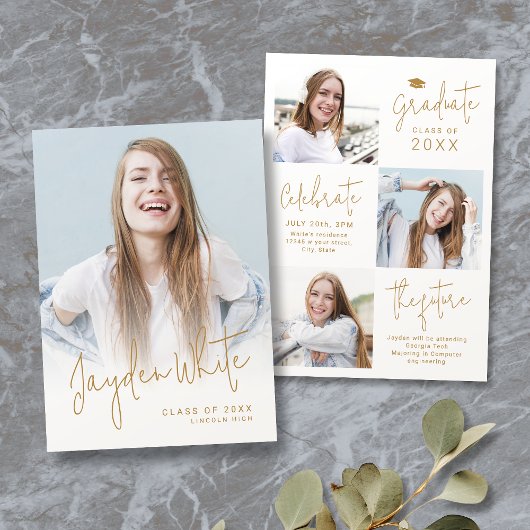 Gouden moderne script 4 foto afstudeeraankondiging kaart