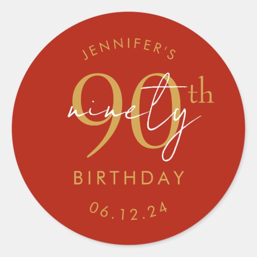 Gouden moderne script 90ste verjaardagsfeest rood  ronde sticker (Voorkant)
