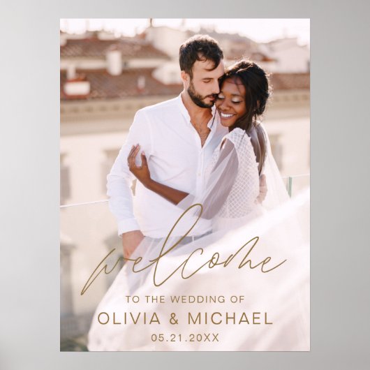 Gouden Moderne Script Foto Trouw Welkom Elegant Poster (Voorkant)