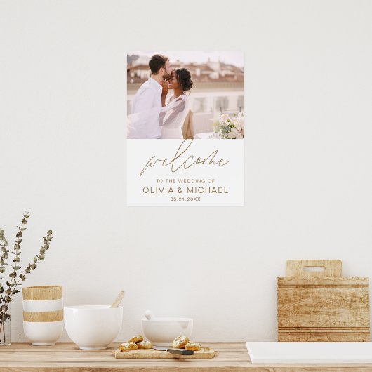 Gouden Moderne Scriptie Foto Bruiloft Welkom Elega Poster (Keuken)