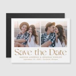 Gouden moderne vintage lettertype foto save the da magnetische uitnodiging