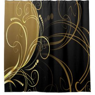 gouden moderne werveling, bloemen, zwart, elegant, douchegordijn