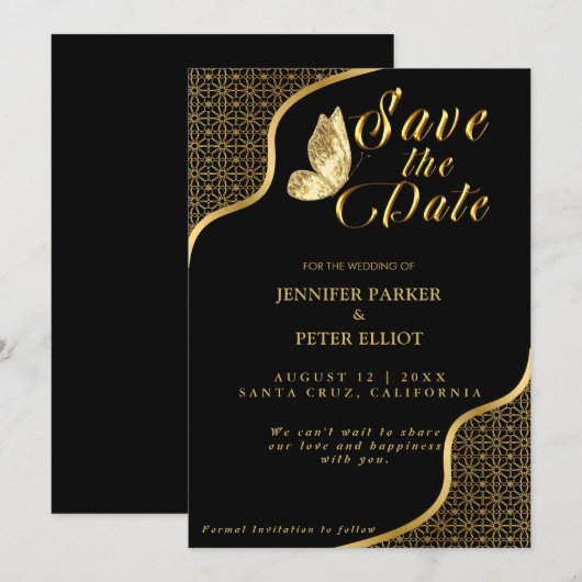 Gouden Moment: Save the Date Zwart en Goud Thema Kaart (Voorkant / Achterkant)