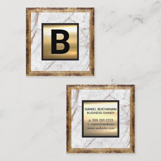 Gouden Monogram | Antieke Lijst | Witte Marmer Vierkante Visitekaartje (Voorkant / Achterkant)