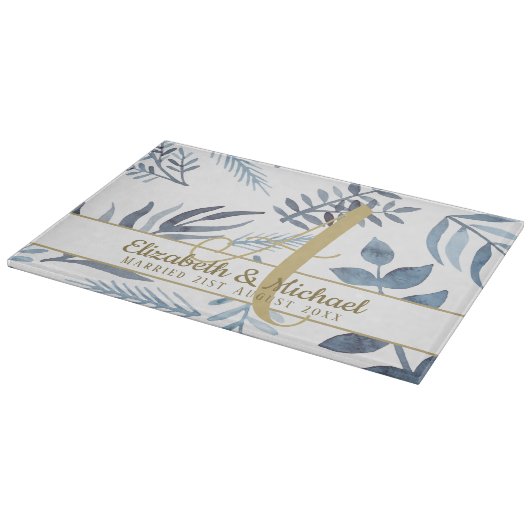 Gouden Monogram Azure Blauwe Botanische Bladeren B Snijplank (Hoek)