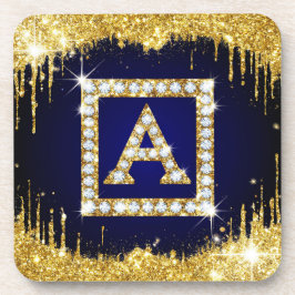 Gouden Monogram Beginletter A Met Blauwe Glitters Bier Onderzetter