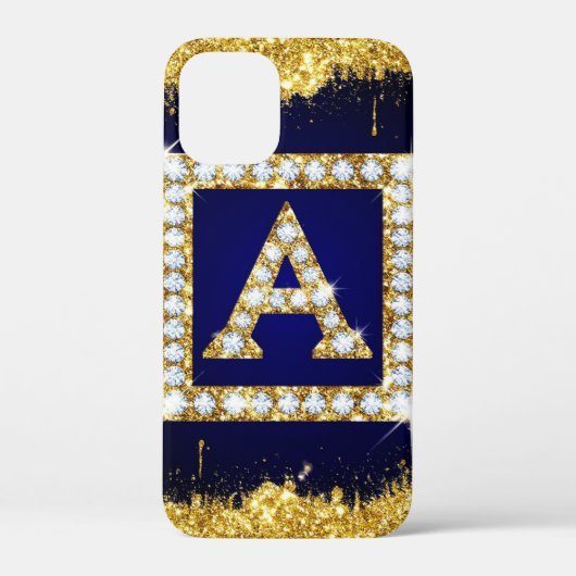 Gouden Monogram Beginletter A Met Blauwe Glitters Case-Mate iPhone Case (Achterkant)