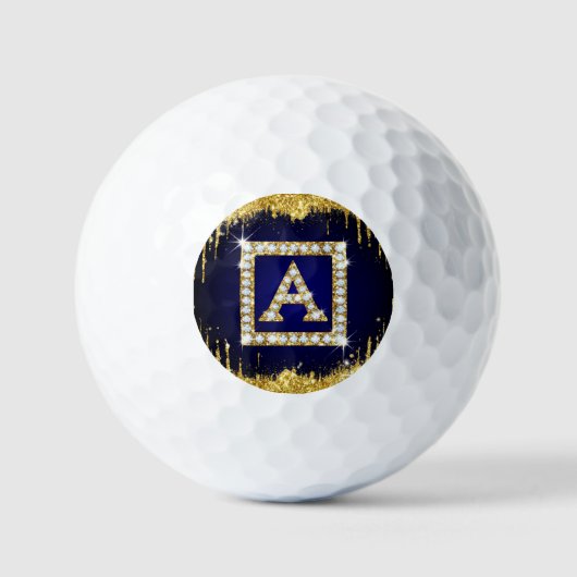 Gouden Monogram Beginletter A Met Blauwe Glitters Golfballen (Voorkant)
