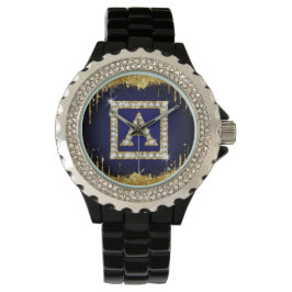 Gouden Monogram Beginletter A Met Blauwe Glitters Horloge