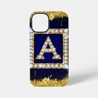 Gouden Monogram Beginletter A Met Blauwe Glitters iPhone 12 Mini Hoesje