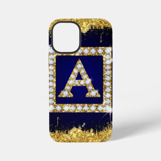 Gouden Monogram Beginletter A Met Blauwe Glitters iPhone Hoesje (Achterkant)
