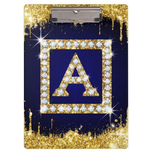 Gouden Monogram Beginletter A Met Blauwe Glitters Klembord (Voorkant)