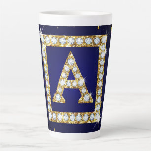 Gouden Monogram Beginletter A Met Blauwe Glitters Latte Mok