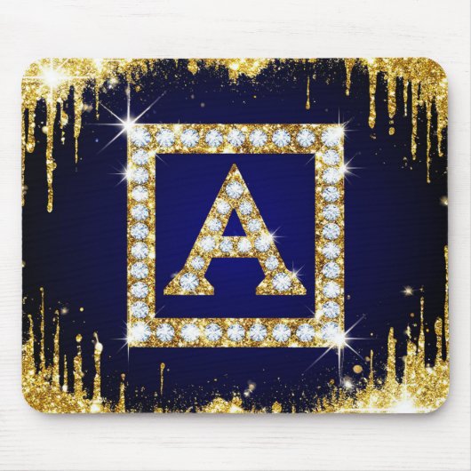 Gouden Monogram Beginletter A Met Blauwe Glitters Muismat (Voorkant)