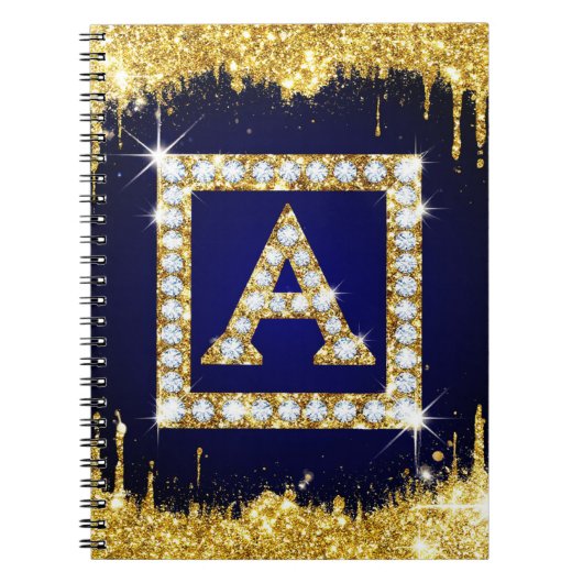 Gouden Monogram Beginletter A Met Blauwe Glitters Notitieboek (Voorkant)