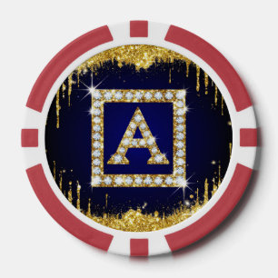 Gouden Monogram Beginletter A Met Blauwe Glitters Poker Chips