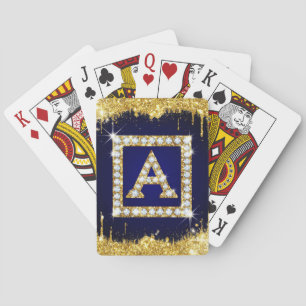 Gouden Monogram Beginletter A Met Blauwe Glitters Pokerkaarten